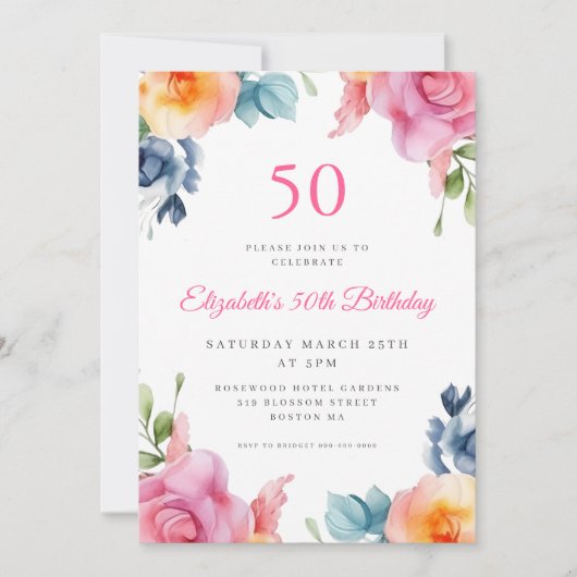 Bright Floral 50ste verjaardag uitnodiging (Voorkant)
