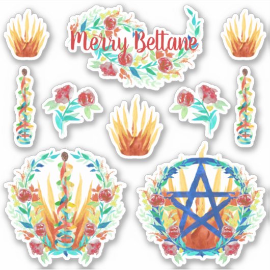 Bright Floral Beltane Fire & Maypole Pagan Kinder Sticker (Voorkant)
