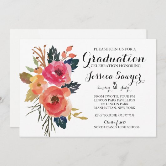 Bright Floral Graduation party Invitation (Devant / Derrière)