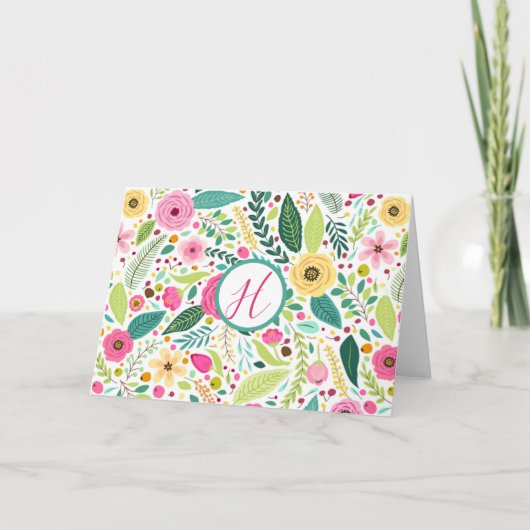 Bright Floral Monogram Bedankkaart (Voorkant)