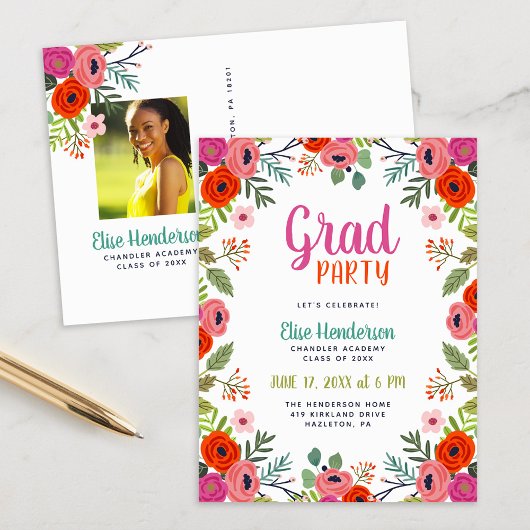 Bright Floral Photo Graduation Party Invitation