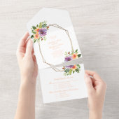 Bright Floral Waterverf Paarse perzik bruiloft All In One Uitnodiging (Afscheurbaar)