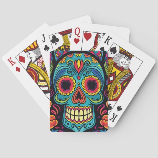 Bright Folk Art Sugar Skull Day of the Dead Party Pokerkaarten (Achterkant)