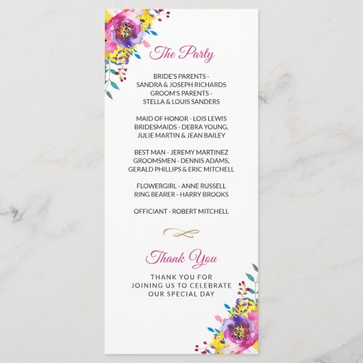 Bright Fuchsia Gold Blossom Programme de mariage f (Dos)