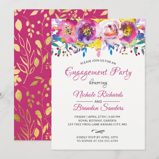 Bright Fuchsia Gold Floral Engagement Party Kaart (Voorkant / Achterkant)