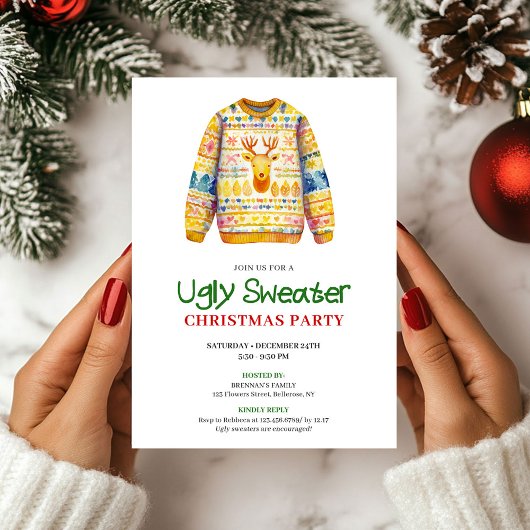 Bright Funny Ugly Sweater Xmas Party Invite Kaart