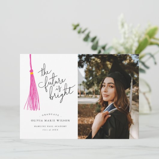 Bright Future Pink Tassel Afstuderen Aankondiging (Staand voorkant)