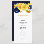 Bright Gold Navy Blue Floral Mariage Menu (Devant / Derrière)