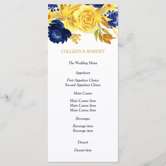 Bright Gold Navy Blue Floral Mariage Menu (Devant)