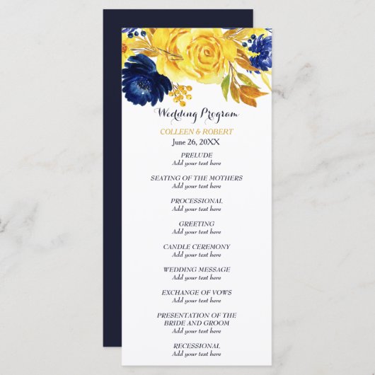 Bright Gold Navy Blue Floral Wedding Programme (Devant / Derrière)