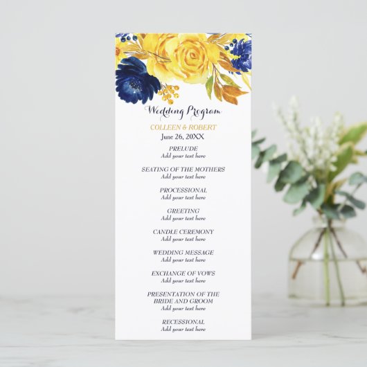 Bright Gold Navy Blue Floral Wedding Programme (Debout devant)