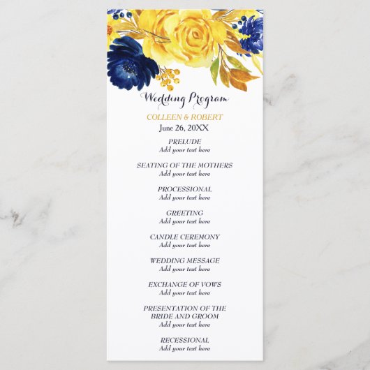 Bright Gold Navy Blue Floral Wedding Programme (Devant)