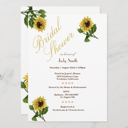 Bright Gold Sunflowers Invitations de douche nupti (Devant / Derrière)