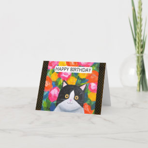Bright Happy Floral Tuxedo Cat Art Lover Verjaarda Kaart