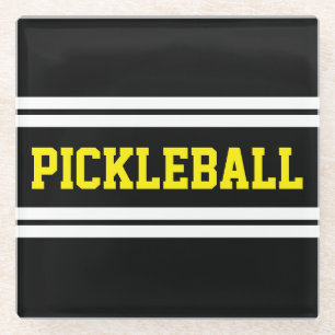 Bright Lemon PICKLEBALL Zwart Wit Racing Stripes Glazen Onderzetter