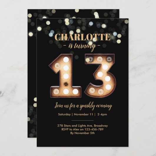 Bright Lights Sparkly 13e anniversaire invitation (Devant / Derrière)