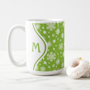 Bright Lime Green Winter White Snowflake Monogram Koffiemok