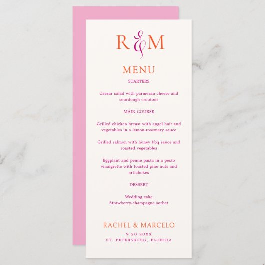 Bright Magenta Sinaasappel Eenvoudig Monogram Trou Menu (Voorkant / Achterkant)