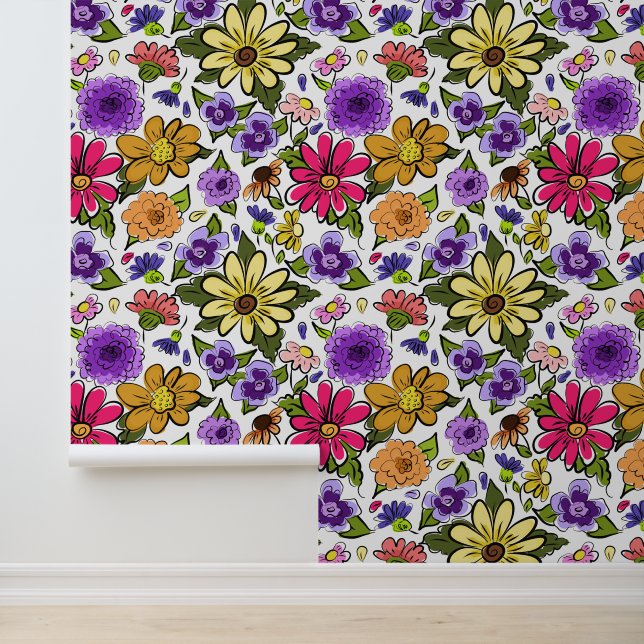 Bright Mooie Boho Bloemen Grote Herhaling Behang (Applicatie)