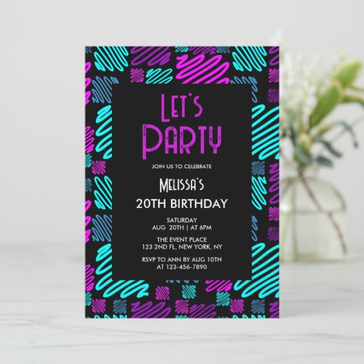 Bright Neon geometrisch patroon zwart 20e verjaard Kaart (Staand voorkant)