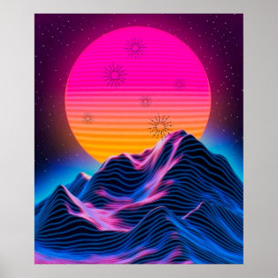 Bright Neon Mountains Dusk tot Dawn Poster