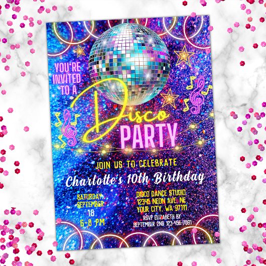 Bright Neon Pink Glow Girl's Disco Dance Party Kaart