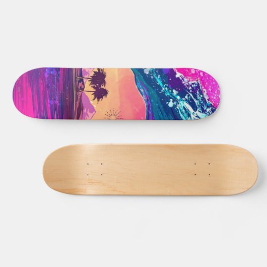 Bright Neon Retro Wave and Palm Trees Skateboard (Horz)