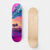 Bright Neon Retro Wave and Palm Trees Skateboard (Recto)