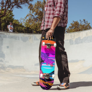 Bright Neon Retro Waves crashen Skateboard