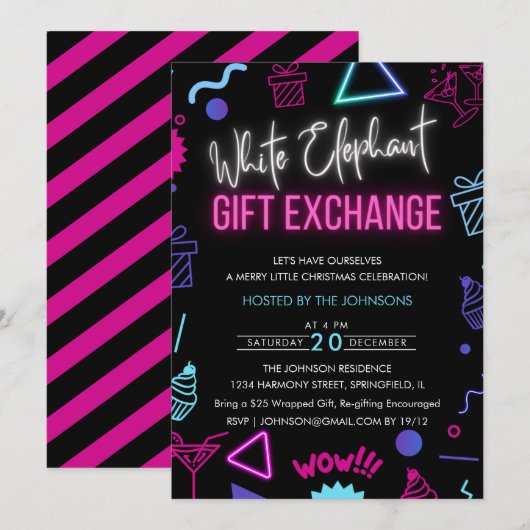 Bright Neon White Elephant Gift Exchange Party Kaart (Voorkant / Achterkant)