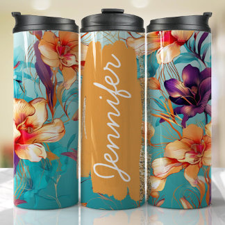 Bright Orchid Floral Naam toevoegen Aangepast gesc Thermosbeker