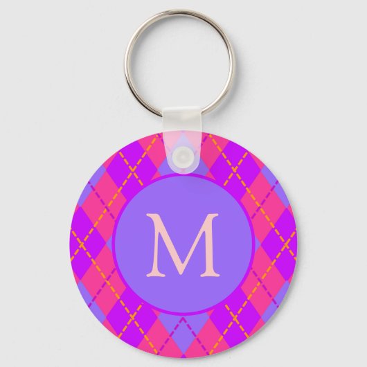 Bright Pink and Blue Argyle Pattern Monogram Sleutelhanger (Achterkant)