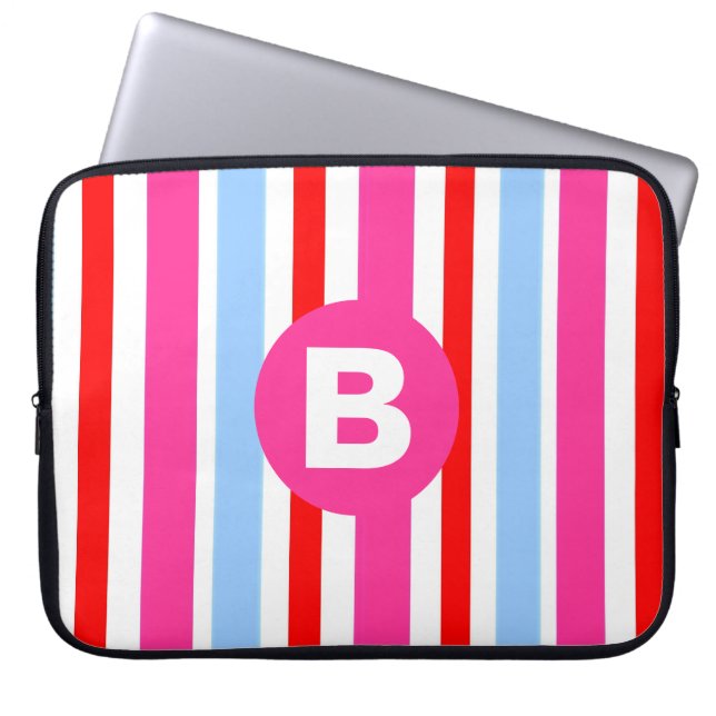 Bright Pink and Blue Candy Stripes Monogram Laptop Sleeve (Voorkant)