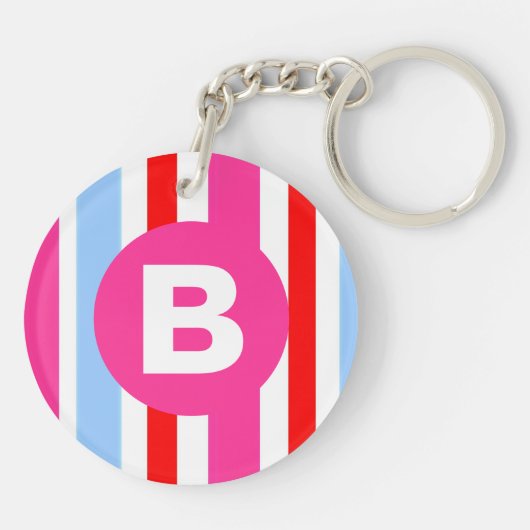 Bright Pink and Blue Candy Stripes Monogram Sleutelhanger (Achterkant)