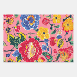 Bright Pink Chinoiserie Floral Inpakpapier Vel