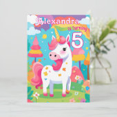 Bright Pink Cute Unicorn Invitation Anniversaire (Debout devant)
