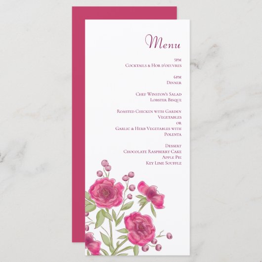 Bright Pink Rose Wedding Menus Menu (Voorkant / Achterkant)