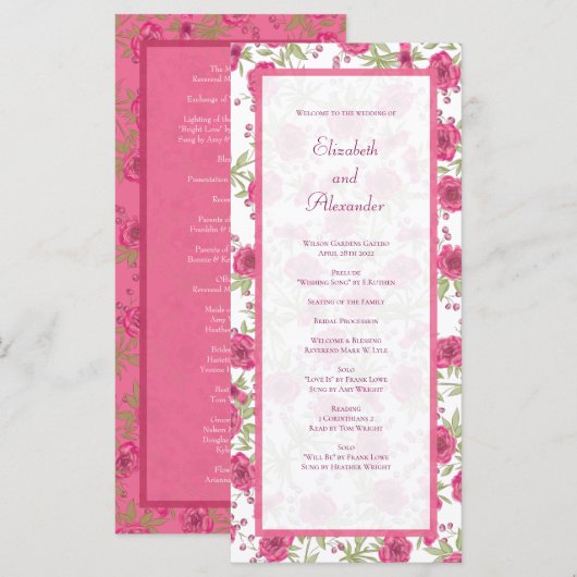 Bright Pink Rose Wedding Programs Menu (Voorkant / Achterkant)
