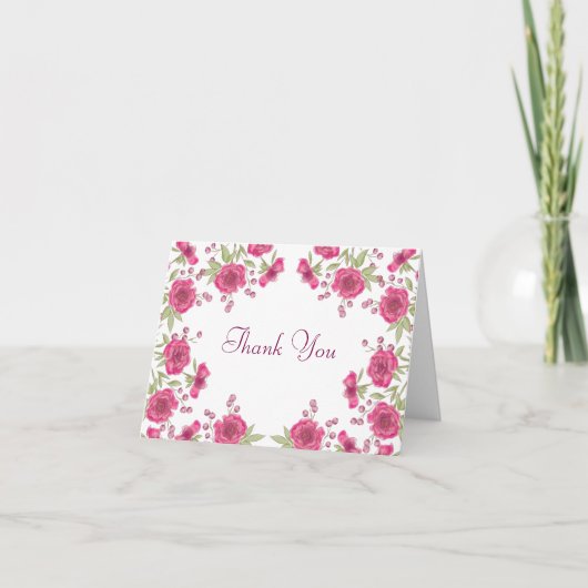 Bright Pink Rose Wedding Thank You Note Card (Voorkant)