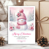 Bright pink snowman Christmas kids greeting card Feestdagenkaart