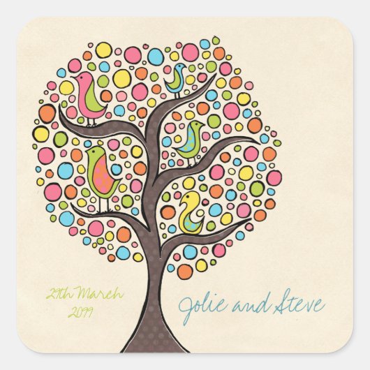Bright Rainbow Bird Tree Custom Wedding Sticker (Voorkant)