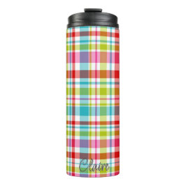 Bright Rainbow Plaid Checkered Pattern Custom Name Thermosbeker