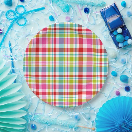 Bright Rainbow Plaid Checkered Pattern Papieren Bordje (Feest)