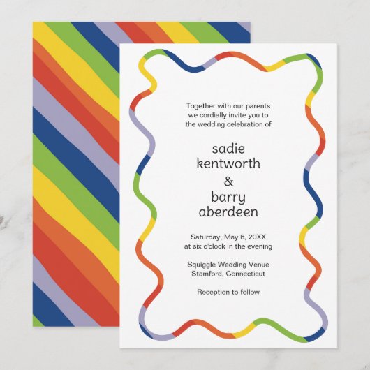 Bright Rainbow Squiggle Lijst Modern Wedding Kaart (Voorkant / Achterkant)