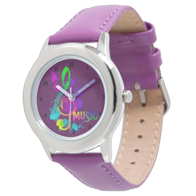 Bright Rainbow Treble Clef Music Paint Splatter Horloge (Gekanteld)