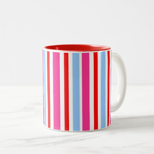 Bright Red and Blue Candy Stripes Tweekleurige Koffiemok (Voorkant rechts)
