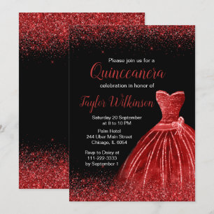 Bright Red Dress Faux Glitter Quinceanera Kaart