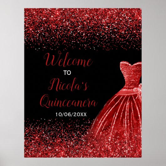 Bright Red Dress Faux Glitter Quinceanera Welcome Poster (Voorkant)