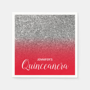 Bright Red en Silver Glitter Ombre Quinceanera Servet