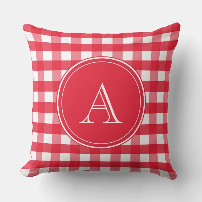 Bright Red en White Gingham Monogram Kussen (Voorkant)